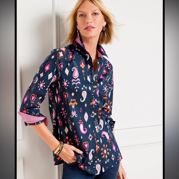 COTTON BUTTON FRONT SHIRT - IKAT PAISLEY-size Large - Picture 1 of 5